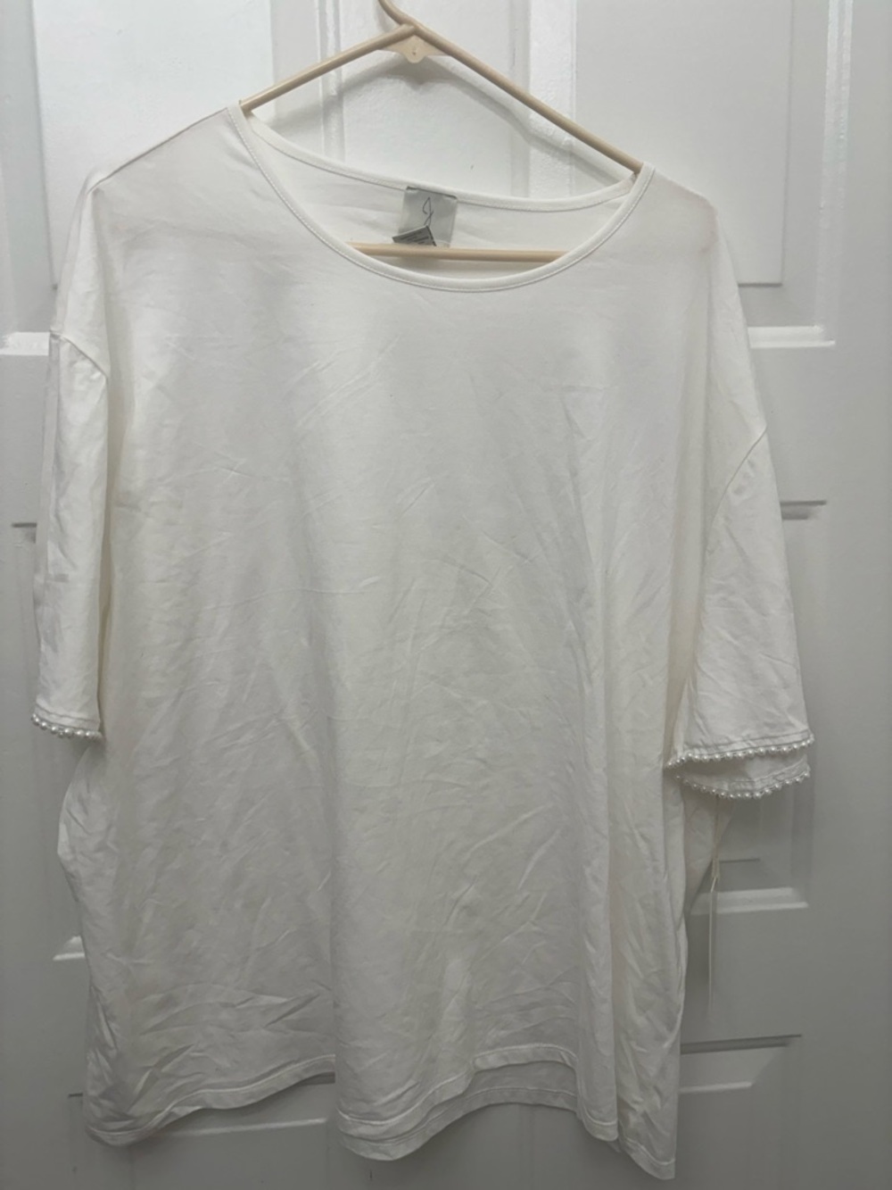 Joie 100 % Cotton Cream Short-Sleeve Tee with Pearl-Trim Sleeves